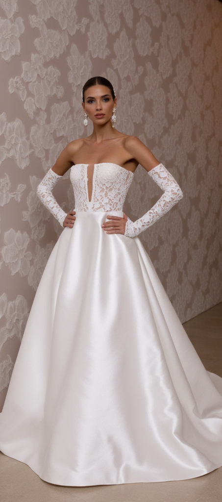 Elegant Off-Shoulder Satin Wedding Gown with Lace Corset & Detachable Sleeves