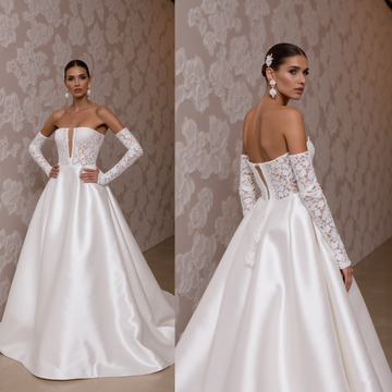 Elegant Off-Shoulder Satin Wedding Gown with Lace Corset & Detachable Sleeves
