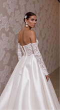 Elegant Off-Shoulder Satin Wedding Gown with Lace Corset & Detachable Sleeves