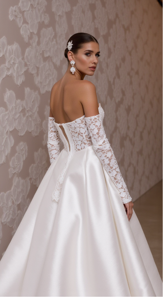 Elegant Off-Shoulder Satin Wedding Gown with Lace Corset & Detachable Sleeves