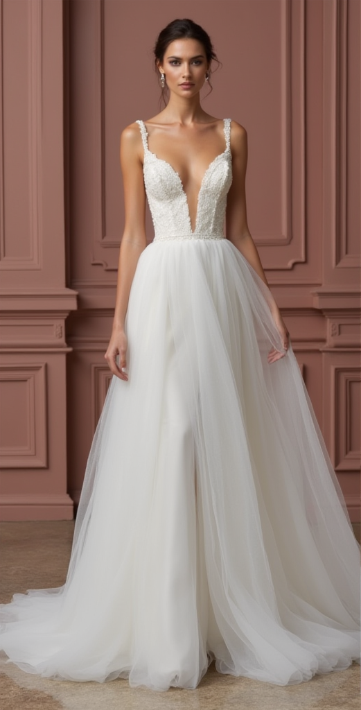Romantic Tulle A-Line Wedding Dress with Deep V-Neck and Low Back