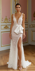 Elegant Floral Lace Wedding Gown with Statement Bow
