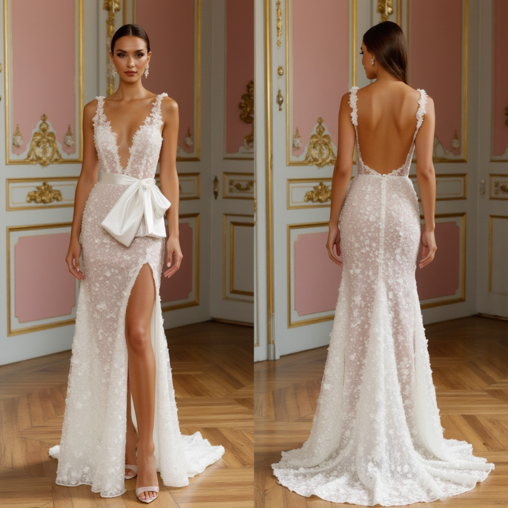 Elegant Floral Lace Wedding Gown with Statement Bow