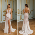 Sparkling Deep V-Neck Wedding Gown with High Slit and Satin Bow Detail