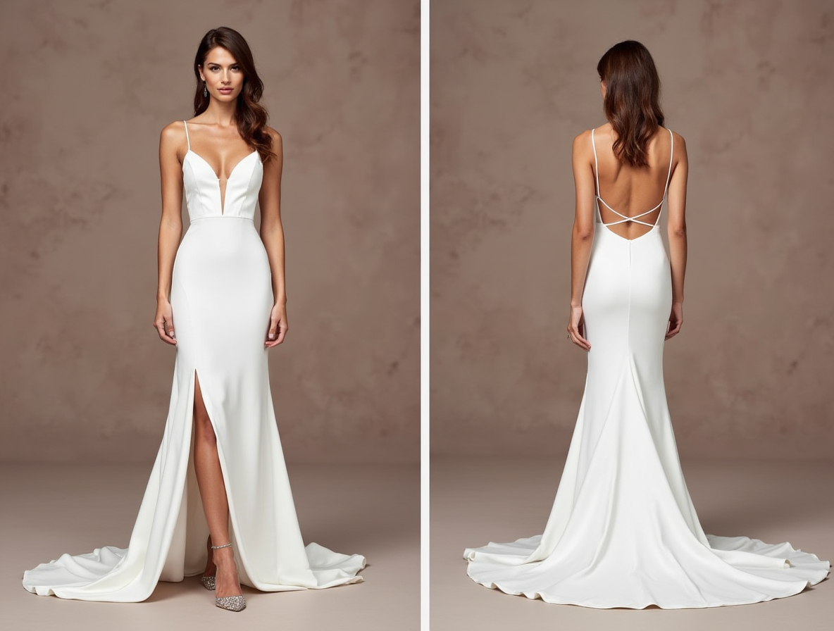Spaghetti Strap Satin Wedding Dress with Slit and Open Back
