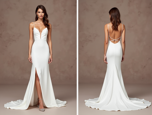 Spaghetti Strap Satin Wedding Dress with Slit and Open Back