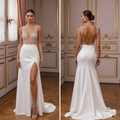 Satin Wedding Dress with Deep Plunge Neckline & Draped Bow Detail