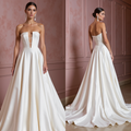 Elegant Strapless A-Line Wedding Gown with Plunging Neckline & Flowing Satin Skirt
