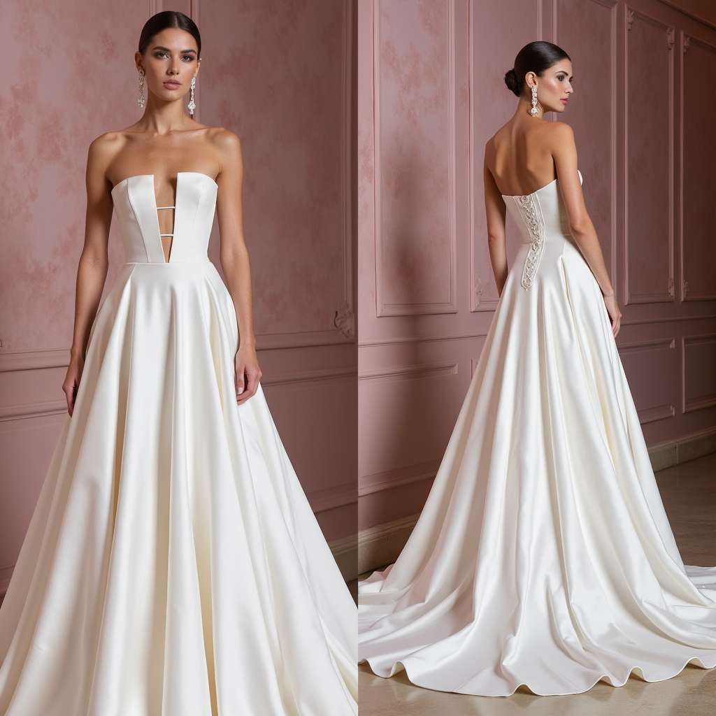 Elegant Strapless A-Line Wedding Gown with Plunging Neckline & Flowing Satin Skirt