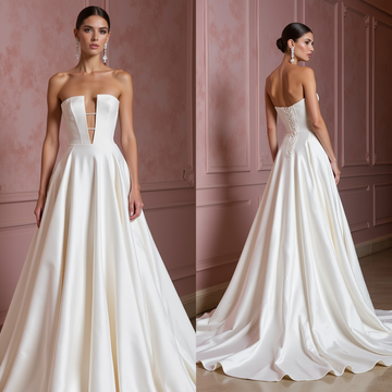 Elegant Strapless A-Line Wedding Gown with Plunging Neckline & Flowing Satin Skirt