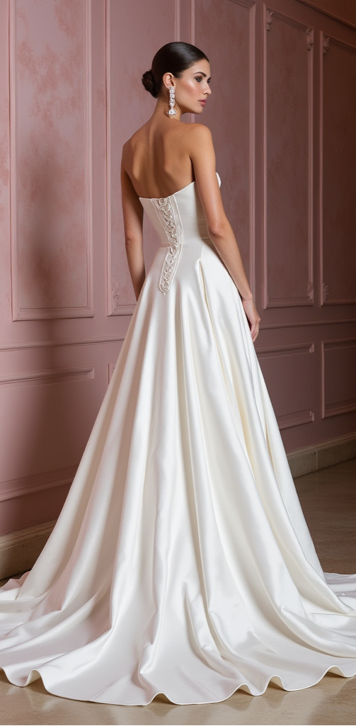 Elegant Strapless A-Line Wedding Gown with Plunging Neckline & Flowing Satin Skirt