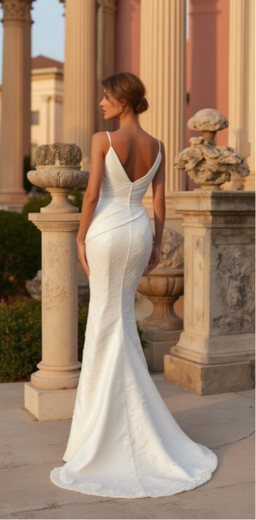 Elegant Mermaid Wedding Dress with Draped Bodice & Embroidered Skirt