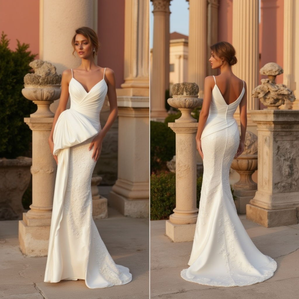 Elegant Mermaid Wedding Dress with Draped Bodice & Embroidered Skirt