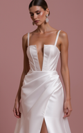Stunning A-Line Bridal Gown with a Flowing Train for a Majestic Look