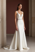 Flattering White A-Line Bridal Gown with a Natural Waistline for a Slim Fit
