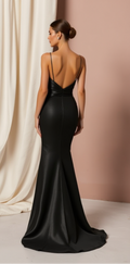 Elegant Black Satin Mermaid Dress with Draped Side Detail and Spaghetti Straps