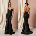 Elegant Black Satin Mermaid Dress with Draped Side Detail and Spaghetti Straps
