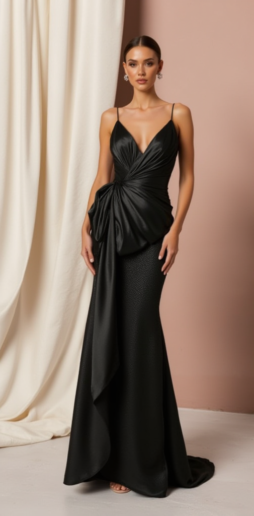 Elegant Black Satin Mermaid Dress with Draped Side Detail and Spaghetti Straps"

