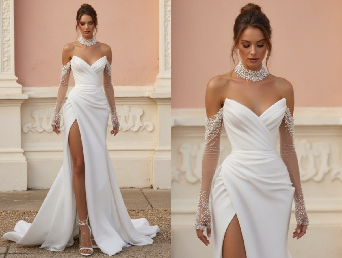 Glamorous Off-Shoulder Wedding Gown with Draped Bodice & Pearl-Embellished Sleeves