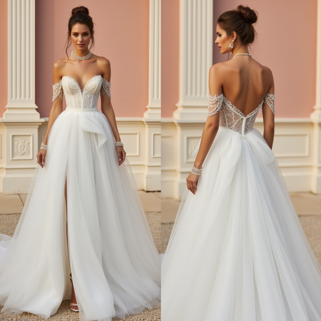 Off-Shoulder Tulle Wedding Dress with Beaded Corset & Front Slit