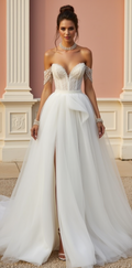 Off-Shoulder Tulle Wedding Dress with Beaded Corset & Front Slit