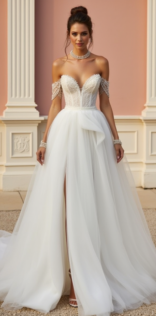 Off-Shoulder Tulle Wedding Dress with Beaded Corset & Front Slit
