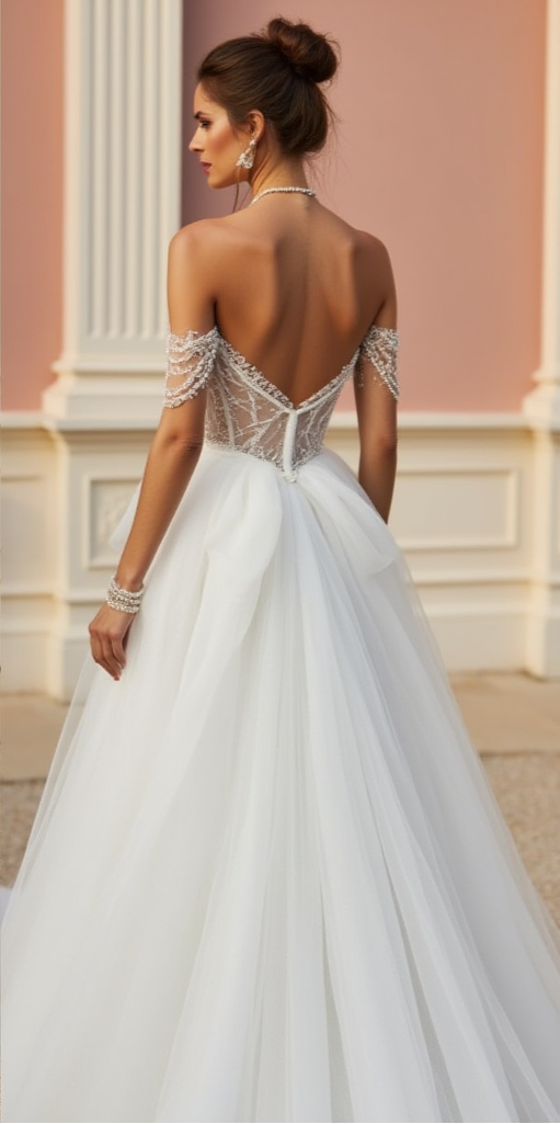 Off-Shoulder Tulle Wedding Dress with Beaded Corset & Front Slit