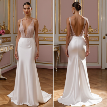 Minimalist Satin Wedding Dress with Deep V-Neckline and Sheer Glitter Bodice
