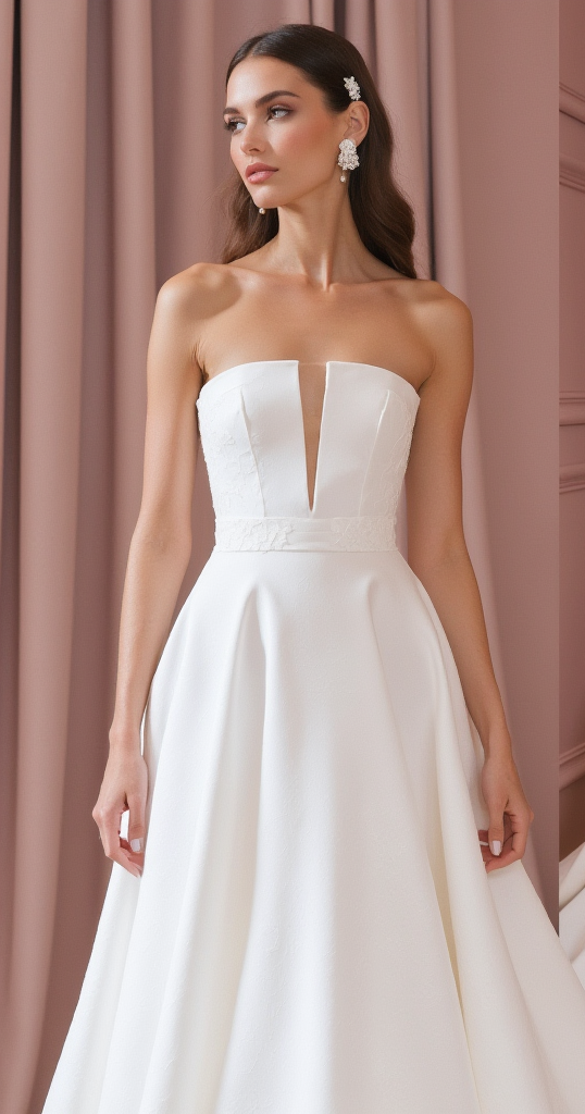 Timeless Strapless Ballgown Wedding Dress with Plunging Neckline & Flowing Train