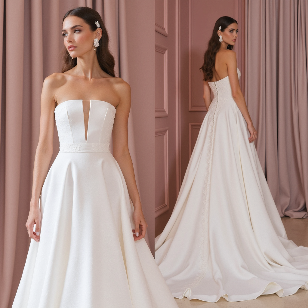 Timeless Strapless Ballgown Wedding Dress with Plunging Neckline & Flowing Train