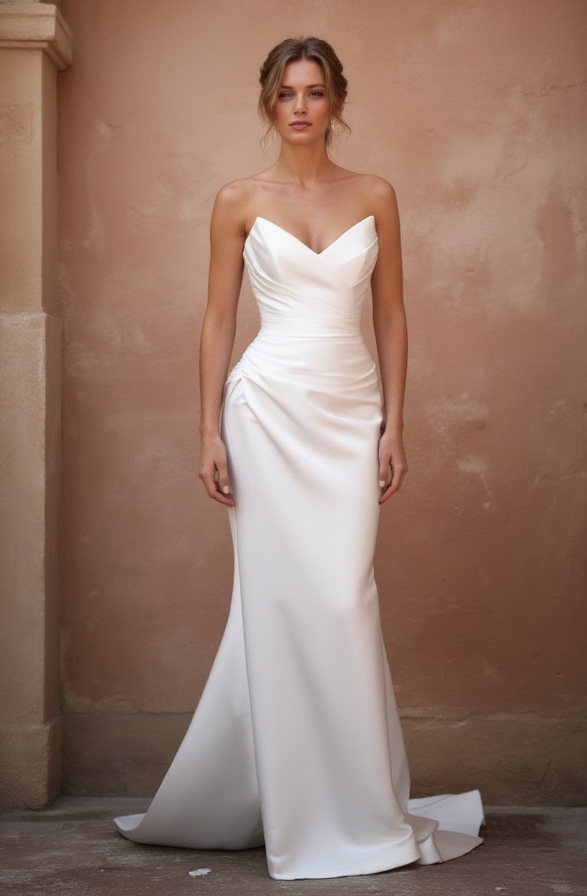 Elegant Satin Wedding Dress with Draped Bodice & Sleek Mermaid Silhouette