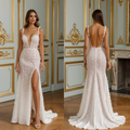 Sheer Lace Wedding Dress with Deep Plunge and Thigh-High Slit
