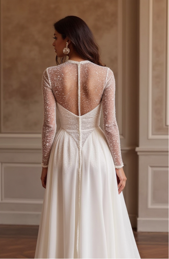 Graceful Illusion Long Sleeve Wedding Dress with Beaded Sheer Bodice and Flowing Skirt
