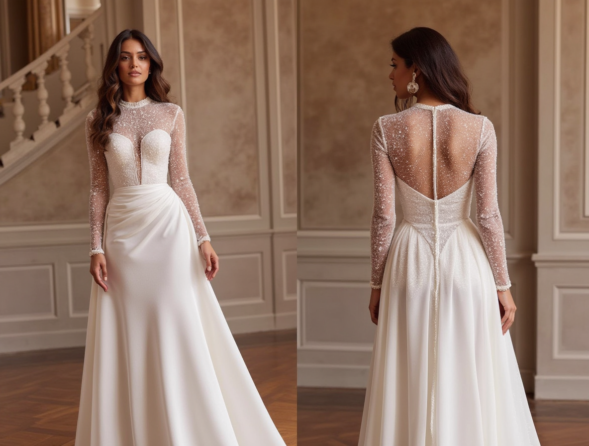 Graceful Illusion Long Sleeve Wedding Dress with Beaded Sheer Bodice and Flowing Skirt