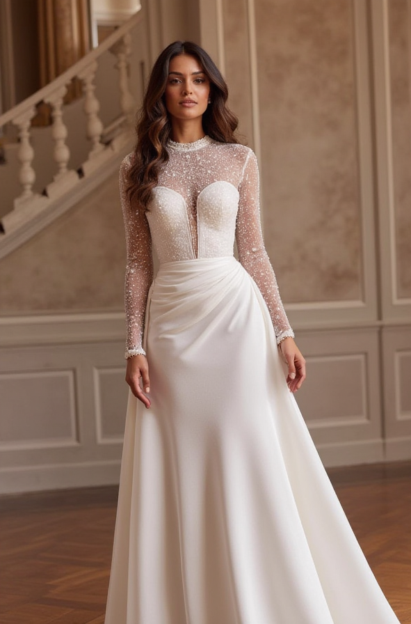 Graceful Illusion Long Sleeve Wedding Dress with Beaded Sheer Bodice and Flowing Skirt
