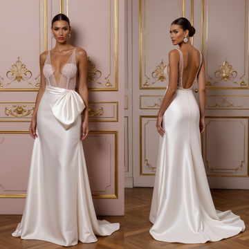 Luxurious Satin Wedding Gown with Sheer Beaded Bodice and Statement Bow