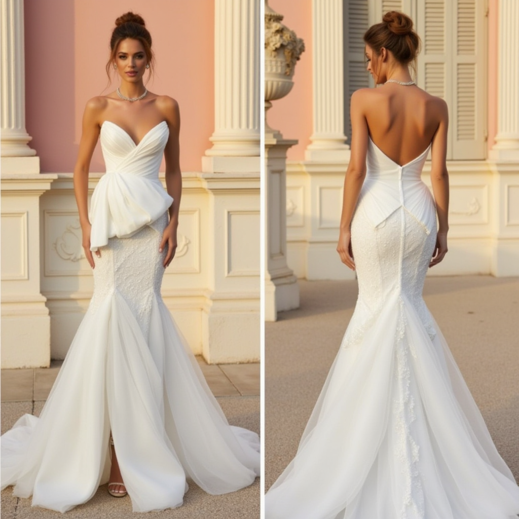 Strapless Mermaid Wedding Dress with Draped Bodice and Tulle Train