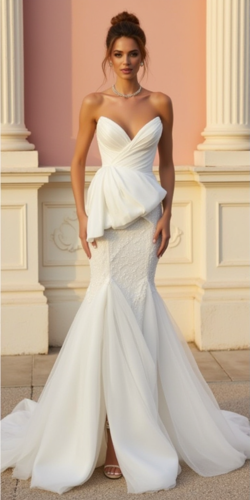 Strapless Mermaid Wedding Dress with Draped Bodice and Tulle Train