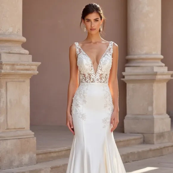 Mermaid Wedding Gown with a Deep V-Neckline for a Bold Bridal Look