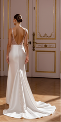 Modern Satin Bridal Gown with High Slit and Dramatic Draped Detail