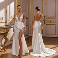 Modern Satin Bridal Gown with High Slit and Dramatic Draped Detail