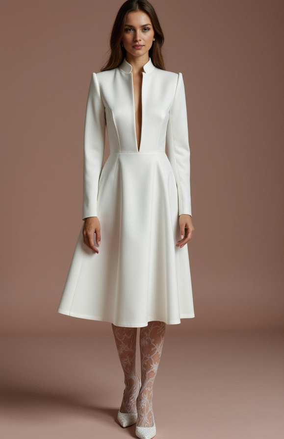 Satin Blazer Style Short Wedding Dress with Long Sleeves