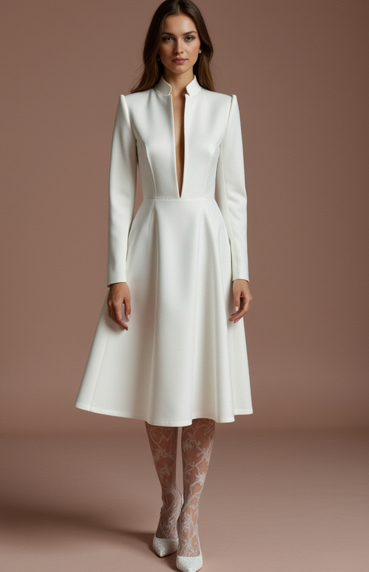 Satin Blazer Style Short Wedding Dress with Long Sleeves