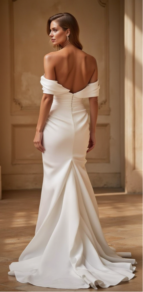 Elegant Off-Shoulder Wedding Dress with Draped Slit Skirt & Mermaid Train