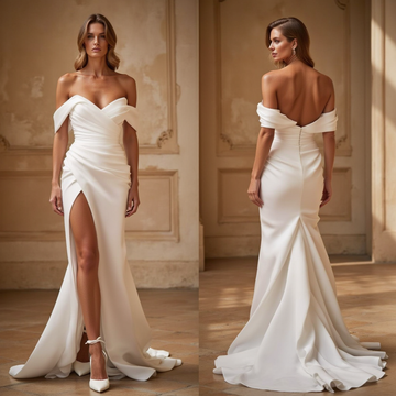 Elegant Off-Shoulder Wedding Dress with Draped Slit Skirt & Mermaid Train