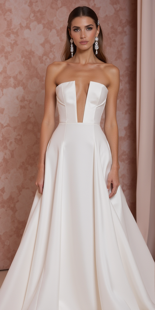 Modern Strapless A-Line Wedding Dress with Deep Plunge & Satin Finish