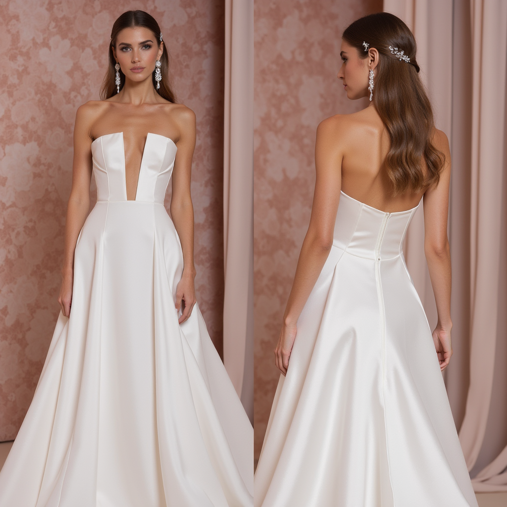 Modern Strapless A-Line Wedding Dress with Deep Plunge & Satin Finish