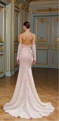 Romantic Blush Elegance: Off-the-Shoulder Lace Gown with Statement Bow
