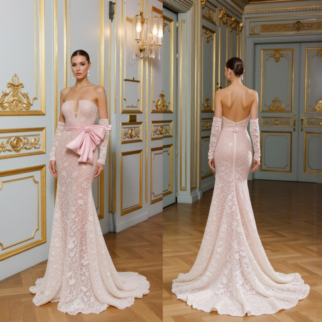 Romantic Blush Elegance: Off-the-Shoulder Lace Gown with Statement Bow