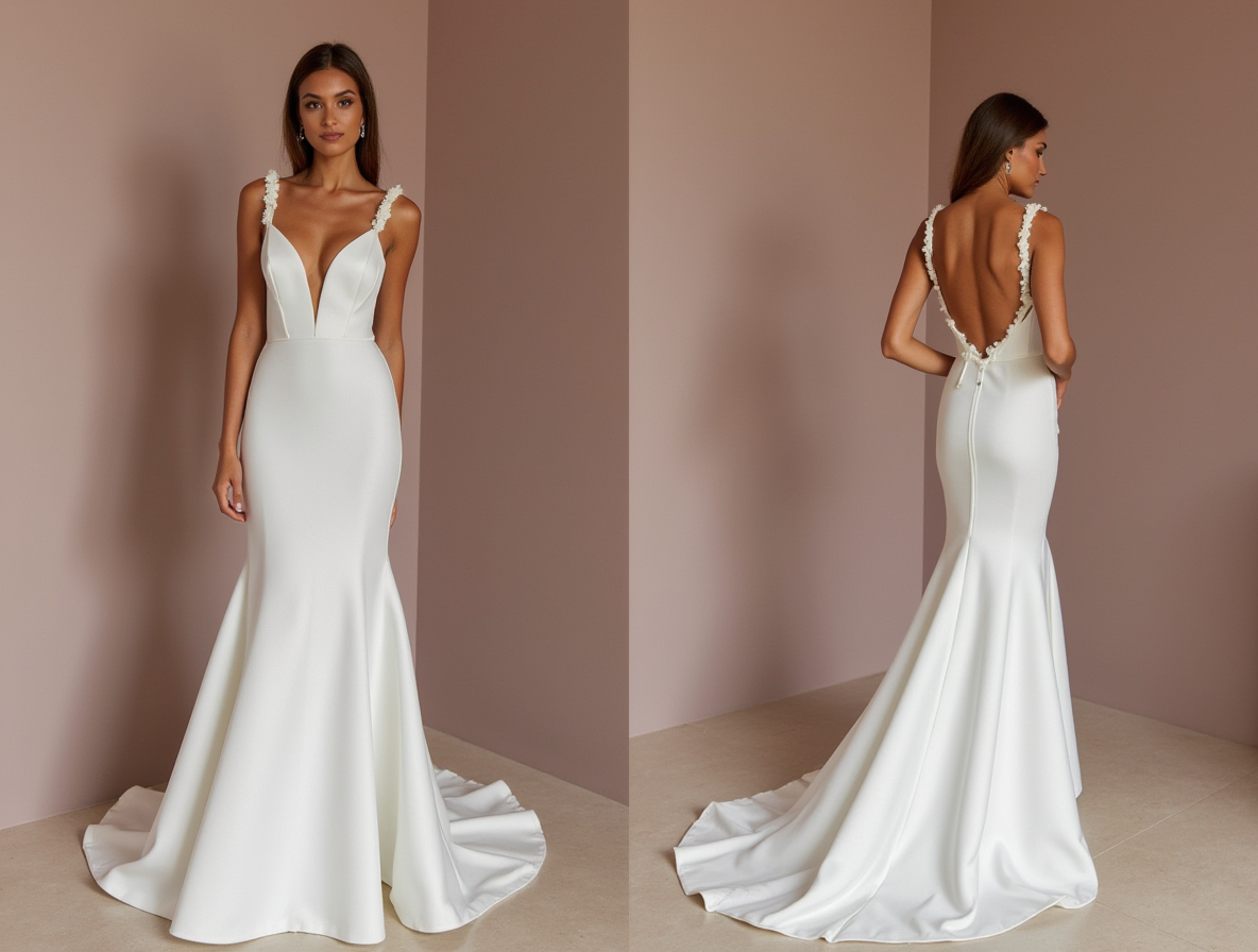 Deep V-Neck Satin Wedding Dress with Floral Strap Detail